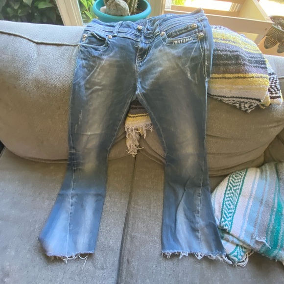 Miss Me Blue Boot Cut Jeans with Distressed Hem